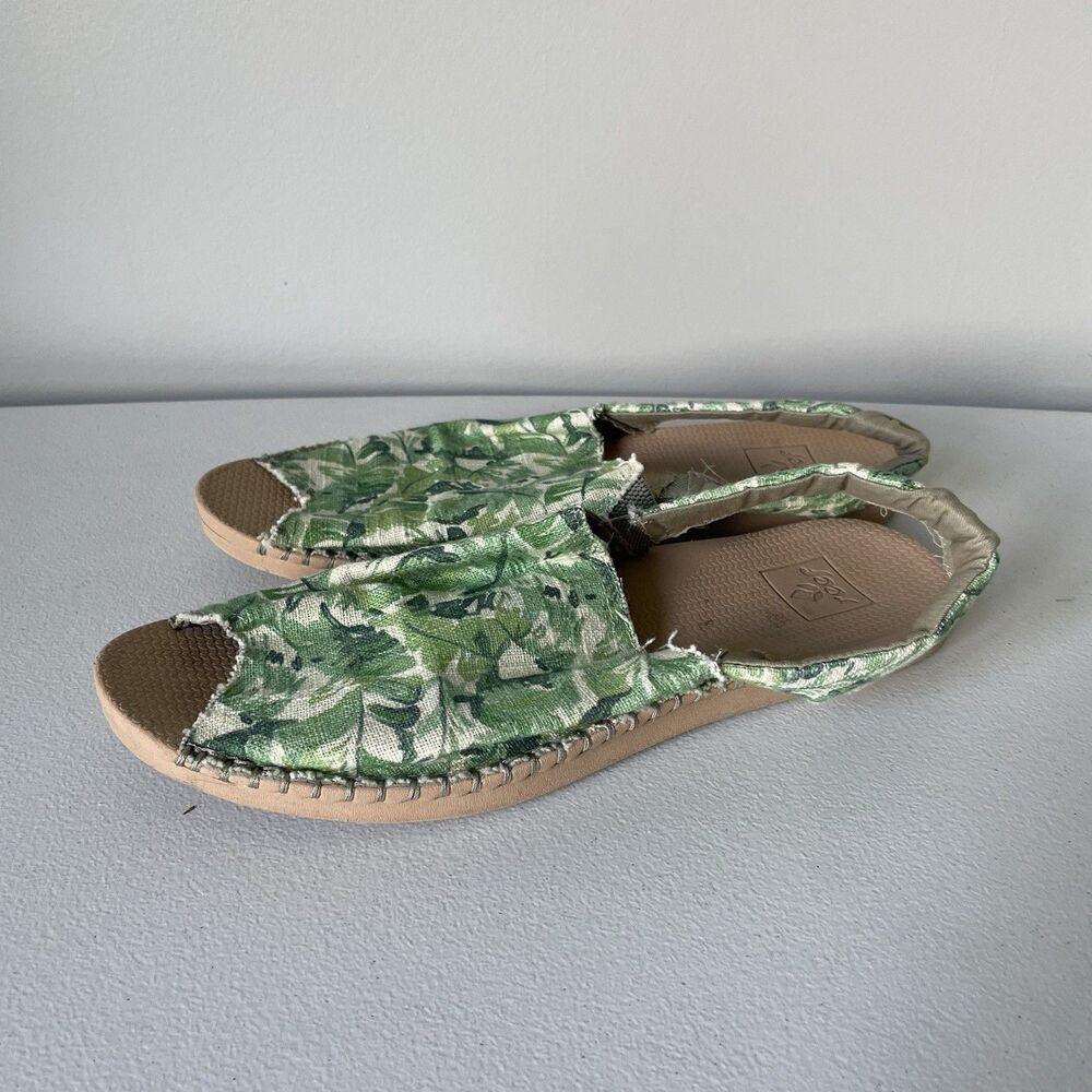 REEF Escape Slingback Slip On Sandals Natural Palms Beachy Green Tan Size 9.5
